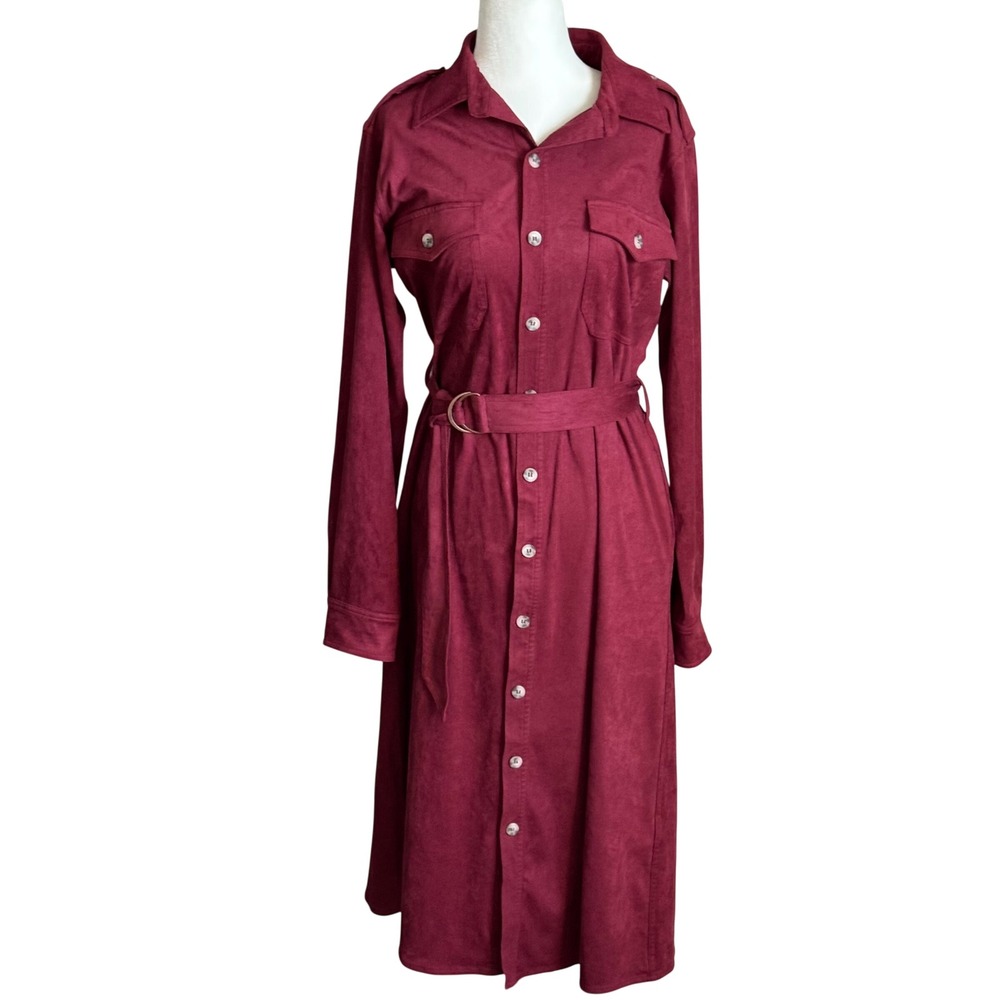 Yest Burgundy Faux Suede Belted Button Front Shirt Dress Womens Size 6 US 38 EU